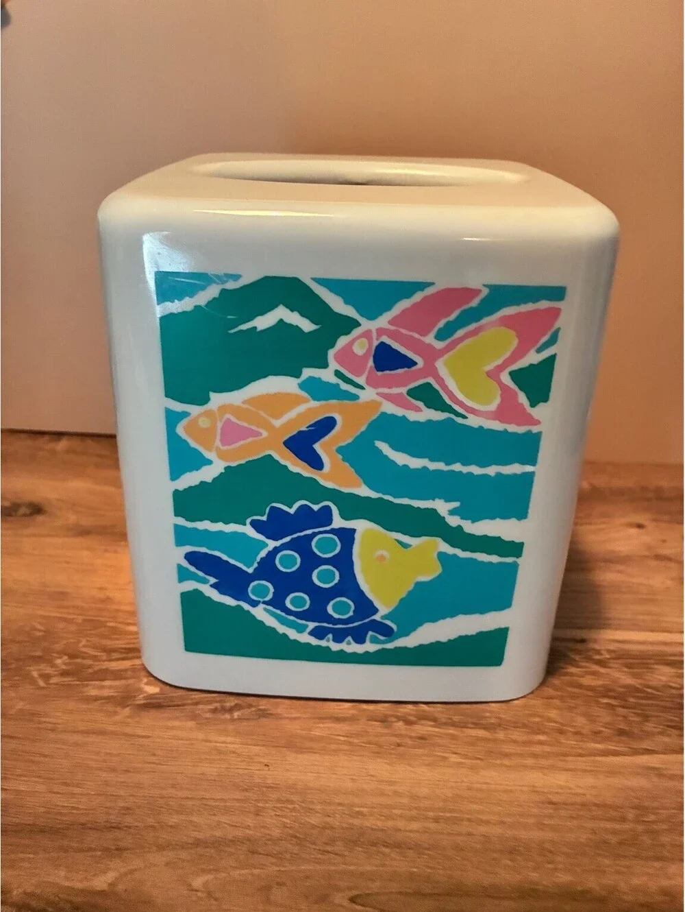 Vintage 90s Tropical Fish White Melamine Tissue Box Cover Holder Bathroom Decor